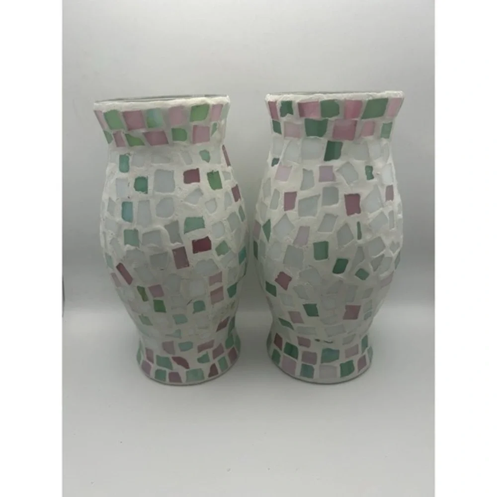 2-PC Mosaic Tile Stain Glass‎ Hurricane Candle Holders 9